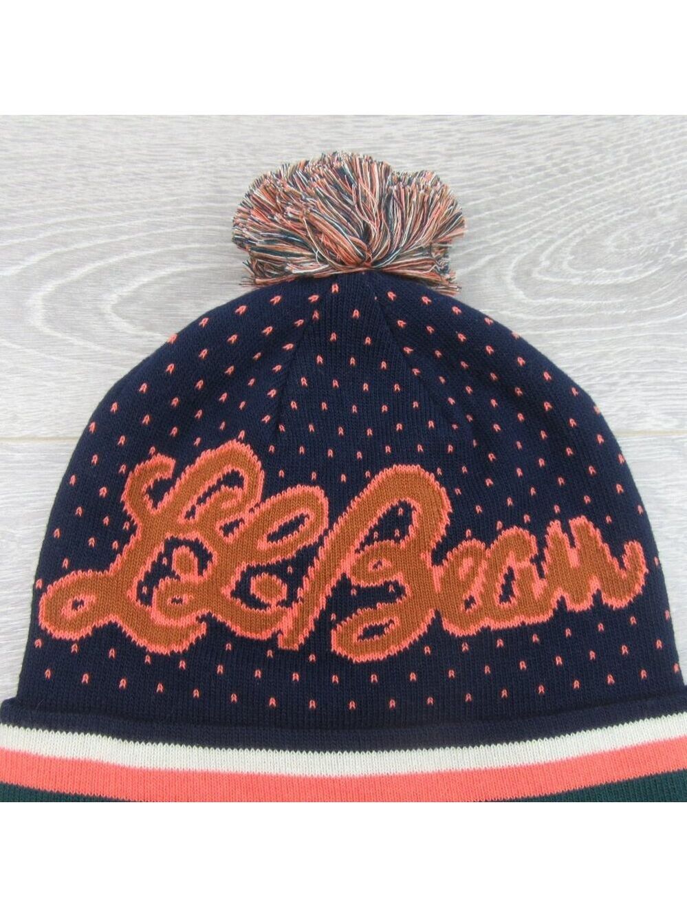 L.L. Bean Pom Beanie Cap Unisex One Size Fit Navy Multi NEW - Picture 4 of 9